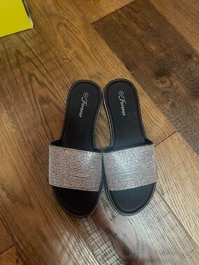 Black Slide Sandals with Silver Rhinestone Band